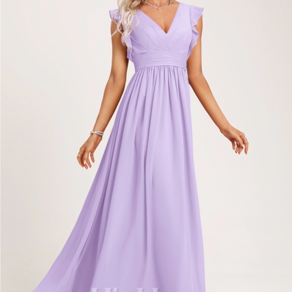A-line V-Neck Floor-Length Chiffon Bridesmaid Dress Ruffle JJ’s House Lilac Sz 8